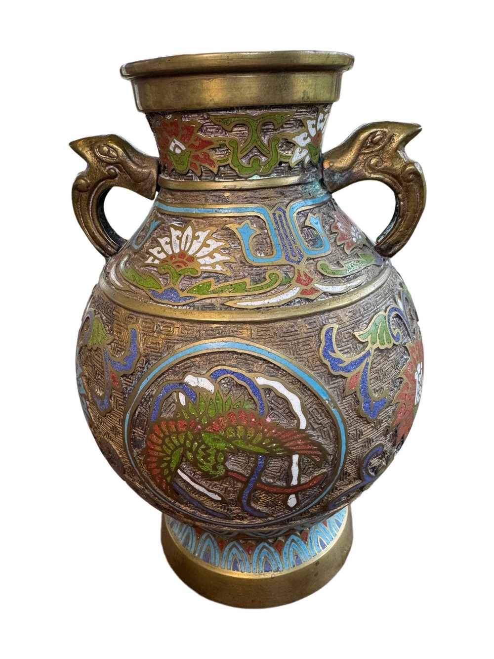 Antique Japanese Brass Champleve Enamel Vase Phoenix Handles & Design